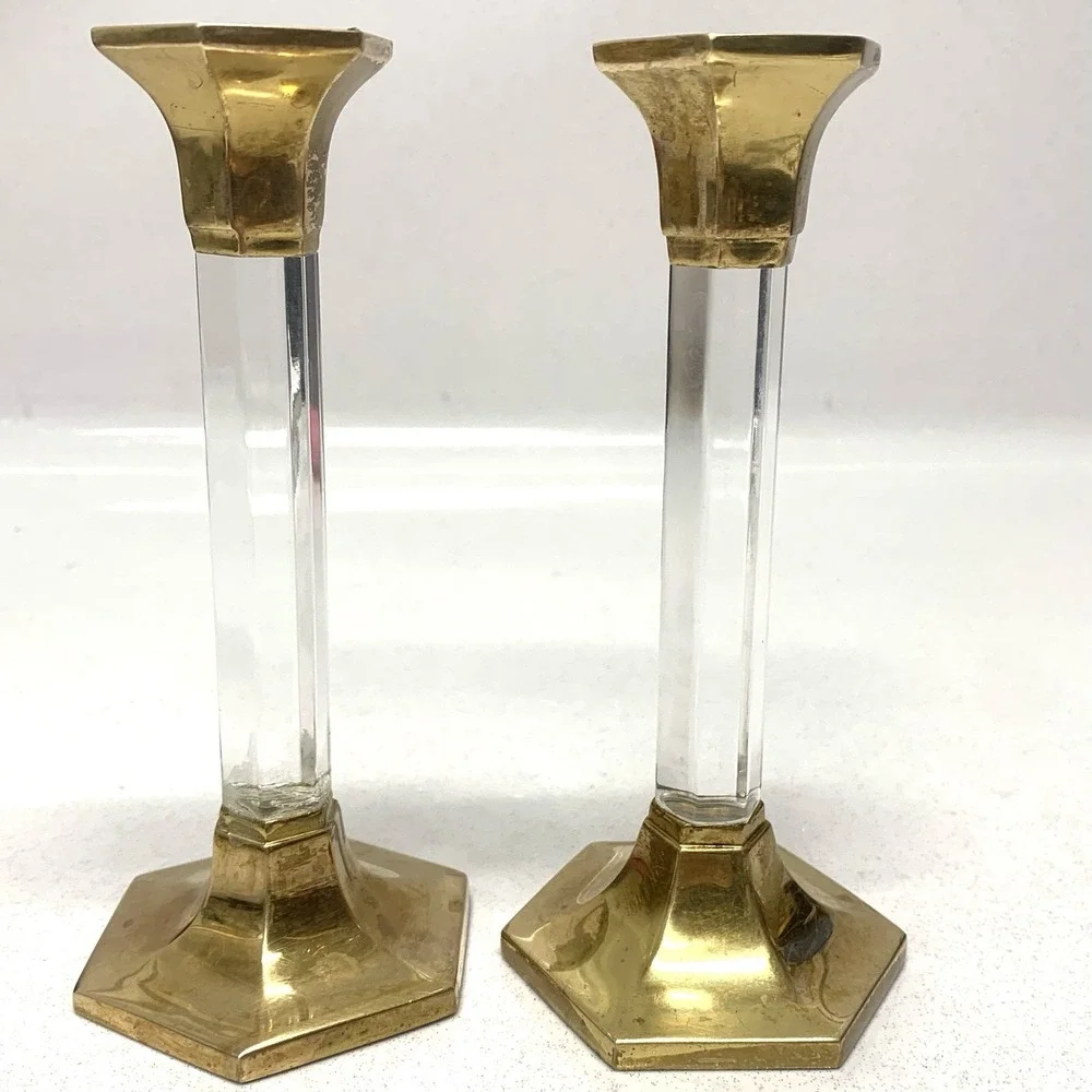 Vintage Party Lite Brass Lucite Candlestick Holders‎ Pair 7